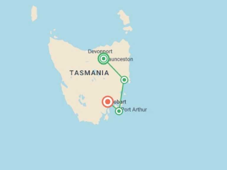 Map itinerary of Australia Tour in January 2026 with 4 destination visits for the trip: Walk Tasmania’s Capes, Freycinet & Maria Island