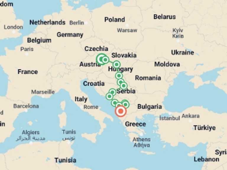 Map of Europe Tour with 13 destination visits for the trip: Small Group Tour; Central Europe & Balkans  Vienna-Tirana