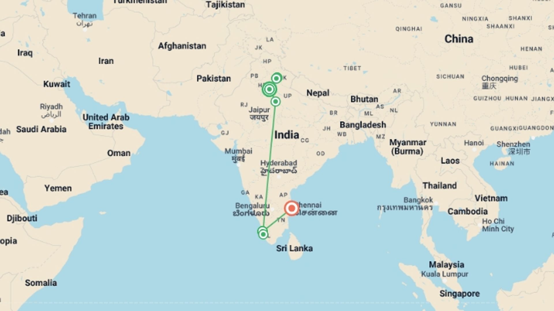 A map showing the tour itinerary for the trip: Yoga And Wellness In India, starting in New Delhi, India and ending in Chennai, India going through 4 other destinations.