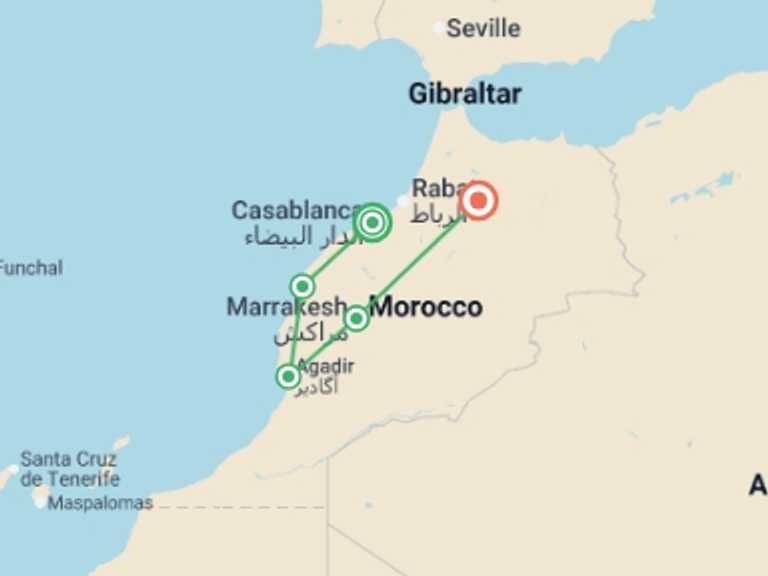 Map itinerary of Africa Tour in July 2026 with 5 destination visits for the trip: Imperial Cities and Moroccan Atlantic Ending Fez