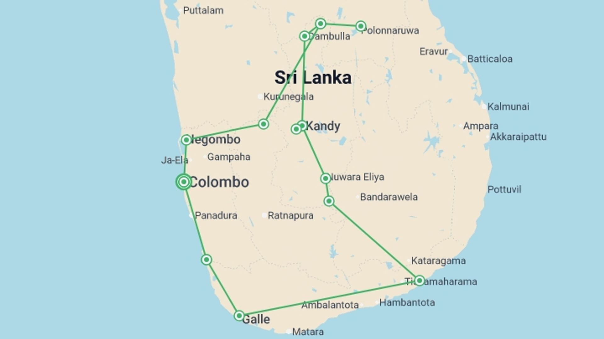 A map showing the tour itinerary for the trip: Pearl of Sri Lanka Discovery Tour, starting in Colombo, Sri Lanka and ending in Bentota, Sri Lanka going through 5 other destinations.
