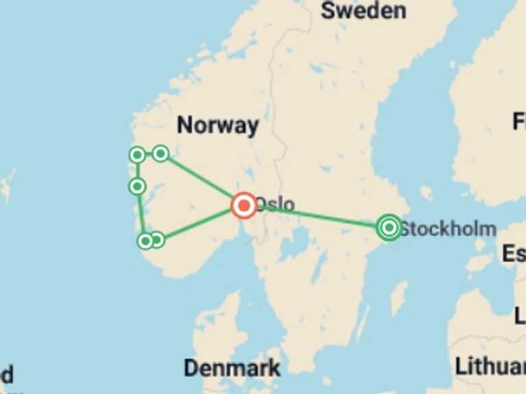 Map of Europe Tour with 7 destination visits for the trip: Magic of the Fjords Encompassed From Stockholm - 12 days