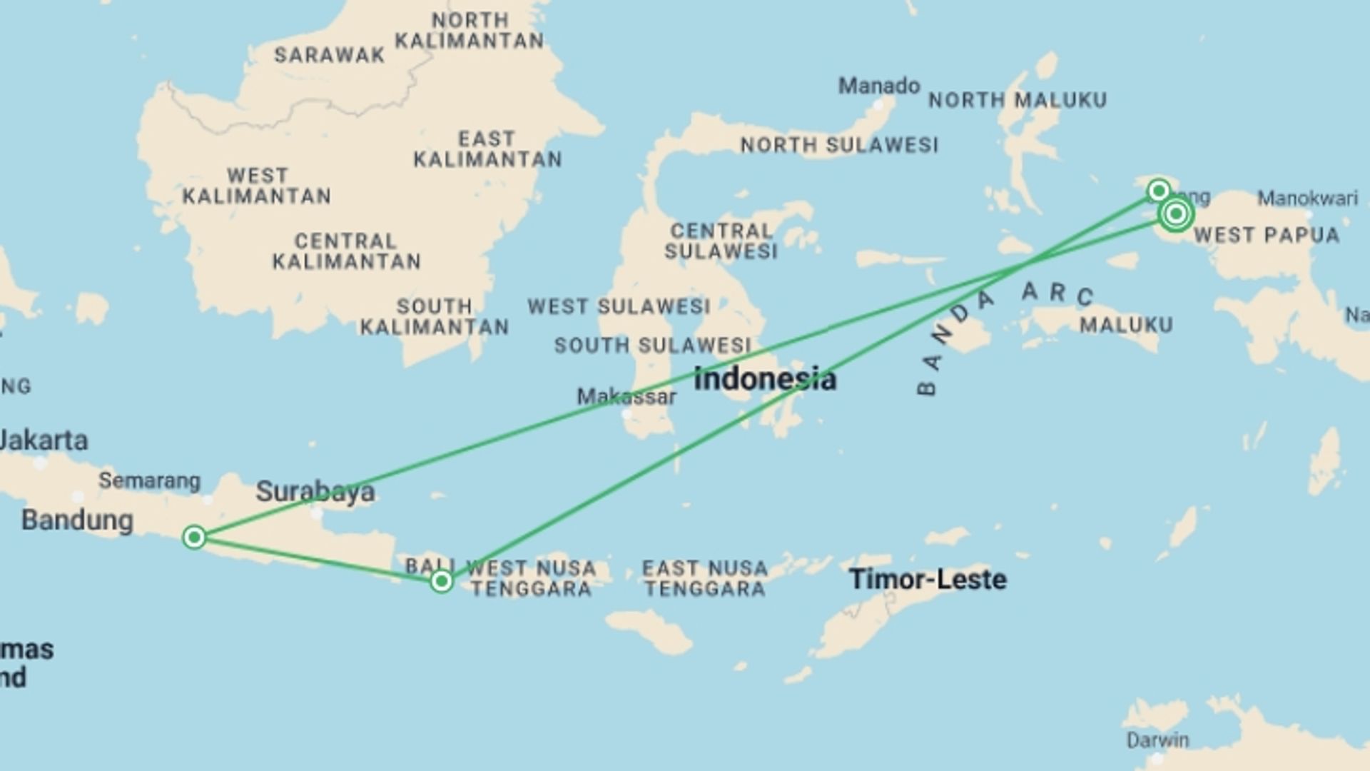 A map showing the tour itinerary for the trip: 4D Raja Ampat Tour, starting in Sorong, Indonesia and ending in Sorong, Indonesia going through 4 other destinations.