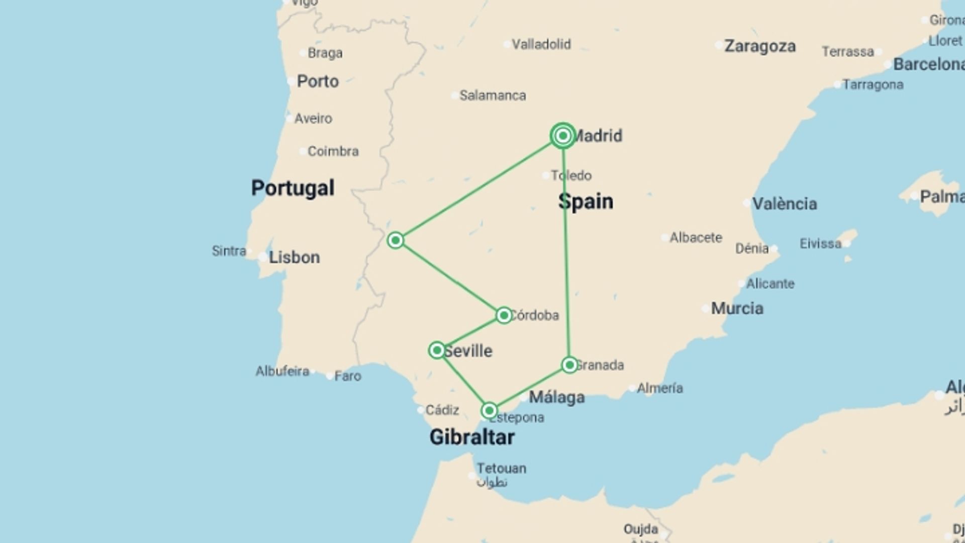 A map showing the tour itinerary for the trip: Andalucia Escape - 6 days, starting in Madrid, Spain and ending in Madrid, Spain going through 4 other destinations.