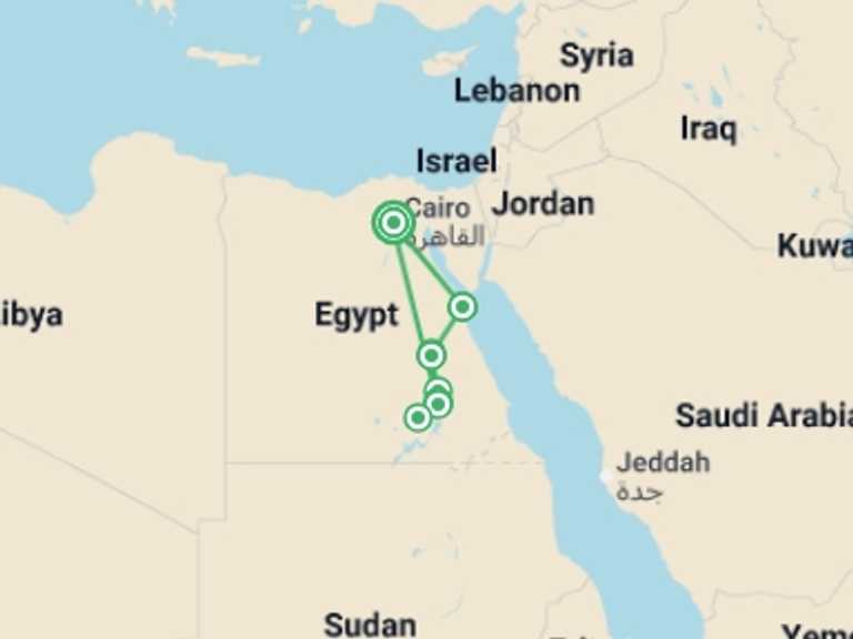Map itinerary of Mediterranean Tour in October 2026 with 5 destination visits for the trip: Egypt & the Red Sea For Teenagers - 12 days