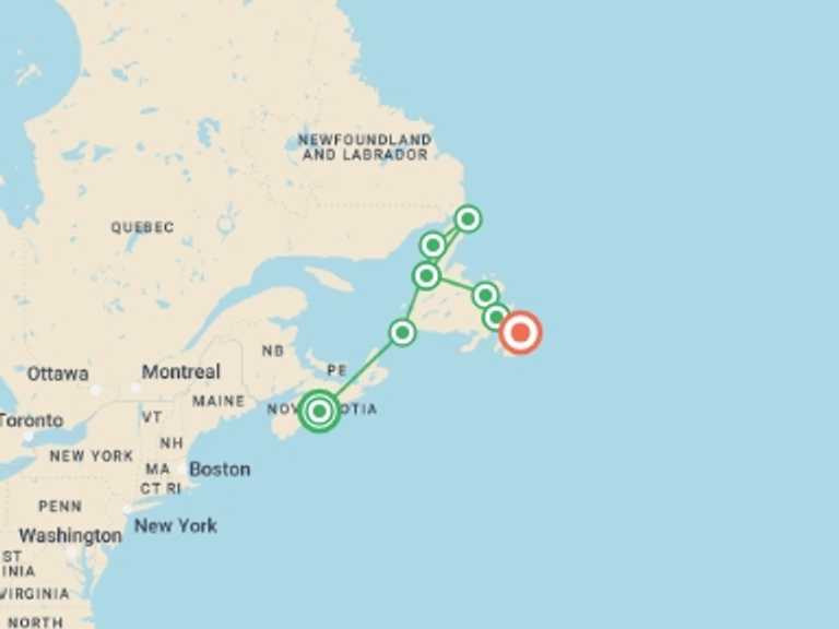 Map of 13-Day Canada Tour with 10 destination visits for the trip: Circle Newfoundland & Labrador