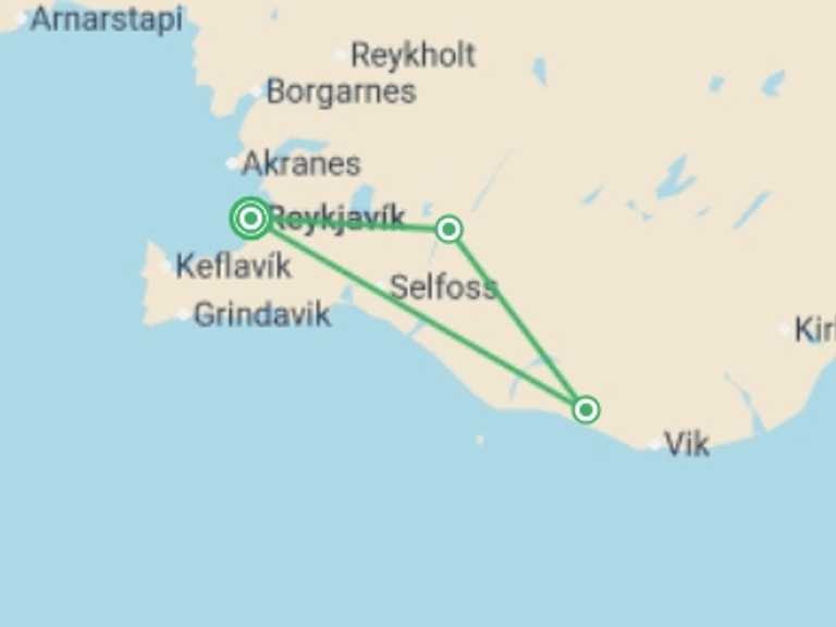 Map of Reykjavik Tour with 4 destination visits for the trip: Iceland Northern Lights Adventure