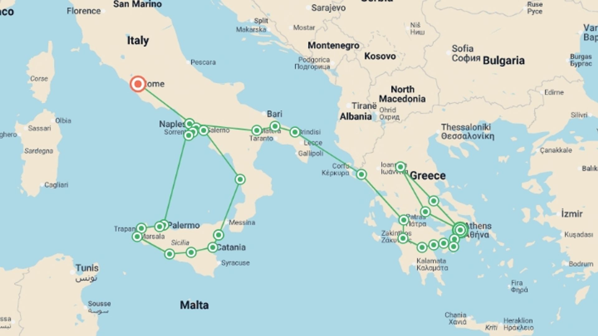A map showing the tour itinerary for the trip: Complete Greece and Sicily, starting in Athens, Greece and ending in Rome, Italy going through 9 other destinations.
