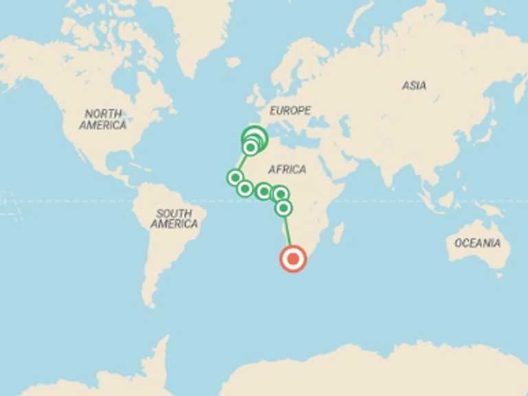 Map of a Overland Journeys Tour with 17 destination visits for the trip: FES TO CAPE TOWN (23 WEEKS) TRANS AFRICA