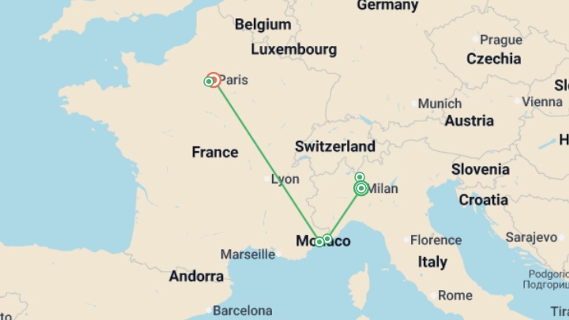 A map showing the tour itinerary for the trip: Splendors Of Italy, French Riviera And Paris, starting in Milan, Italy and ending in Paris, France going through 1 other destinations.