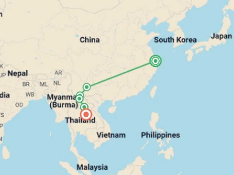 Map itinerary of South East Asia Tour in February 2026 with 6 destination visits for the trip: Shanghai, Yunnan & Laos Discovery - 12 days 