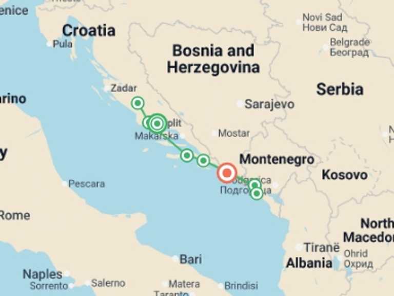 Map itinerary of Kotor Tour in October 2025 with 5 destination visits for the trip: Croatia and the Dalmatian Coast