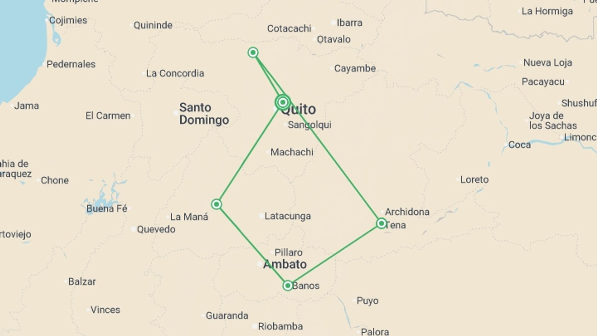 A map showing the tour itinerary for the trip: Enchanted Ecuador: Rainforest, Andes, and Culture 9D/8N, starting in Quito, Ecuador and ending in Quito, Ecuador going through 4 other destinations.