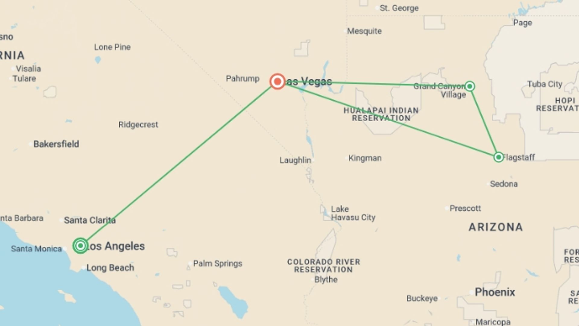 A map showing the tour itinerary for the trip: Los Angeles, Las Vegas, and the Grand Canyon, starting in Los Angeles, USA and ending in Las Vegas, USA going through 1 other destinations.