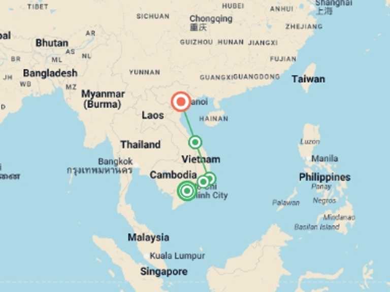 Map of Hanoi Kayaking and canoeing Tour with 5 destination visits for the trip: Vietnam Circuit (from Ho Chi Minh City) Express Travel Pass