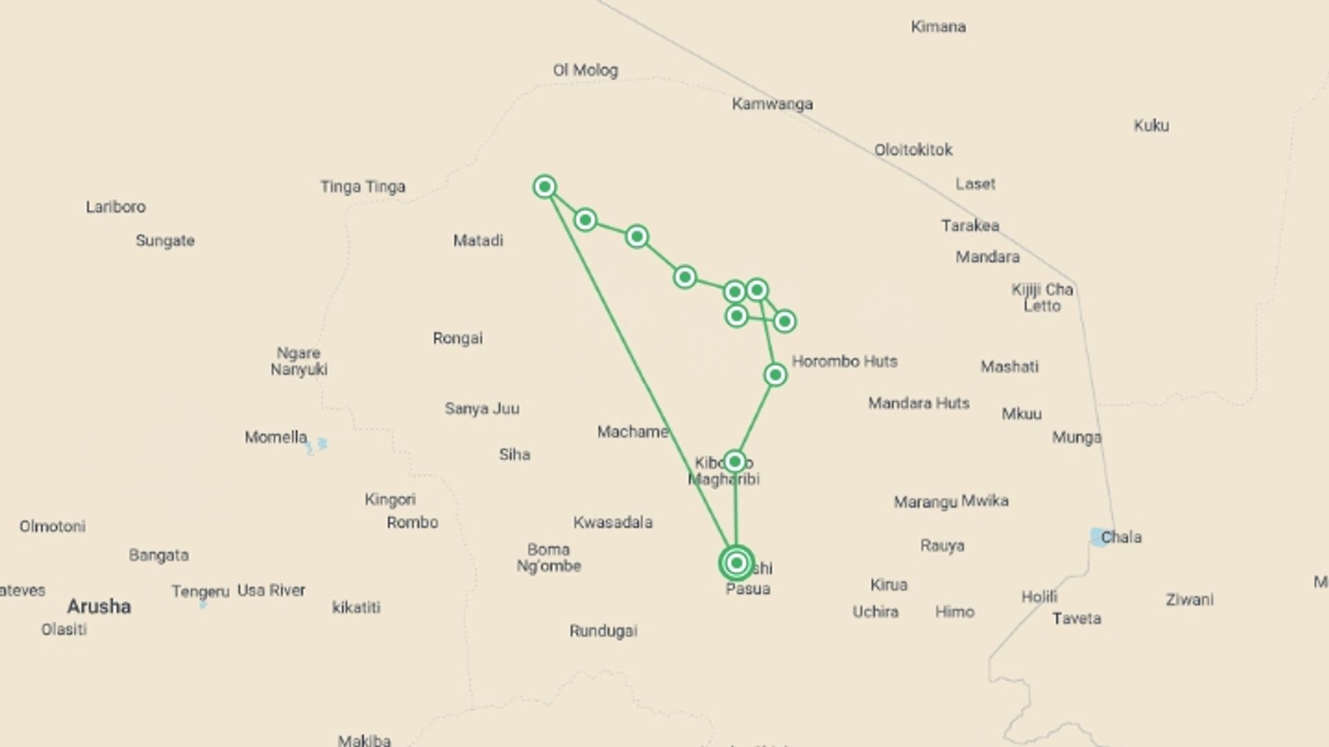 A map showing the tour itinerary for the trip: Mount Kilimanjaro Climb via Lemosho Route: 7 Days, starting in Moshi, Tanzania and ending in Moshi, Tanzania going through 7 other destinations.