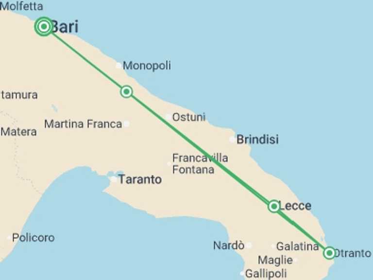 Map itinerary of Europe Tour in Spring with 4 destination visits for the trip: Puglia & Salento Discovery: 8 Days From Bari To Lecce, Self-drive