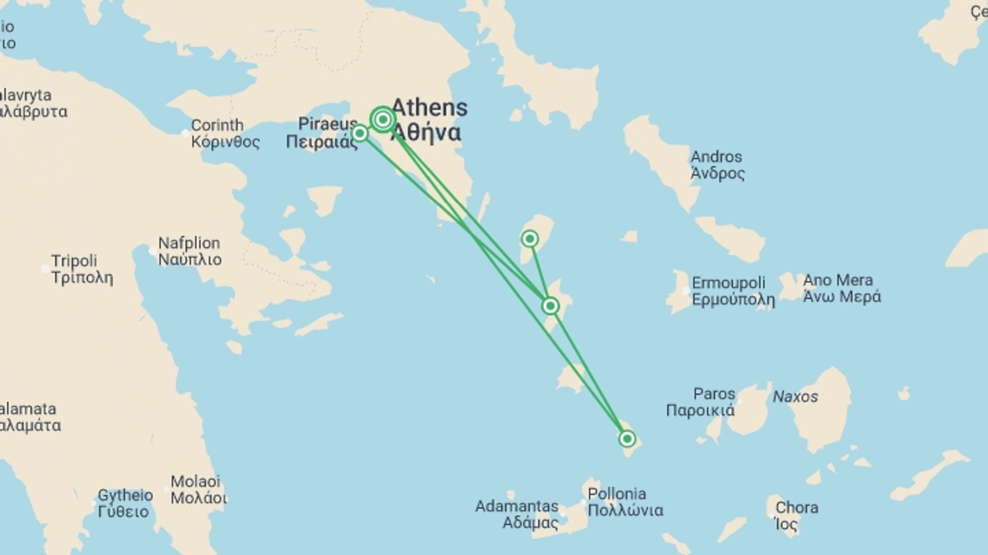A map showing the tour itinerary for the trip: Greek Islands Bike & Boat, starting in Athens, Greece and ending in Athens, Greece going through 4 other destinations.
