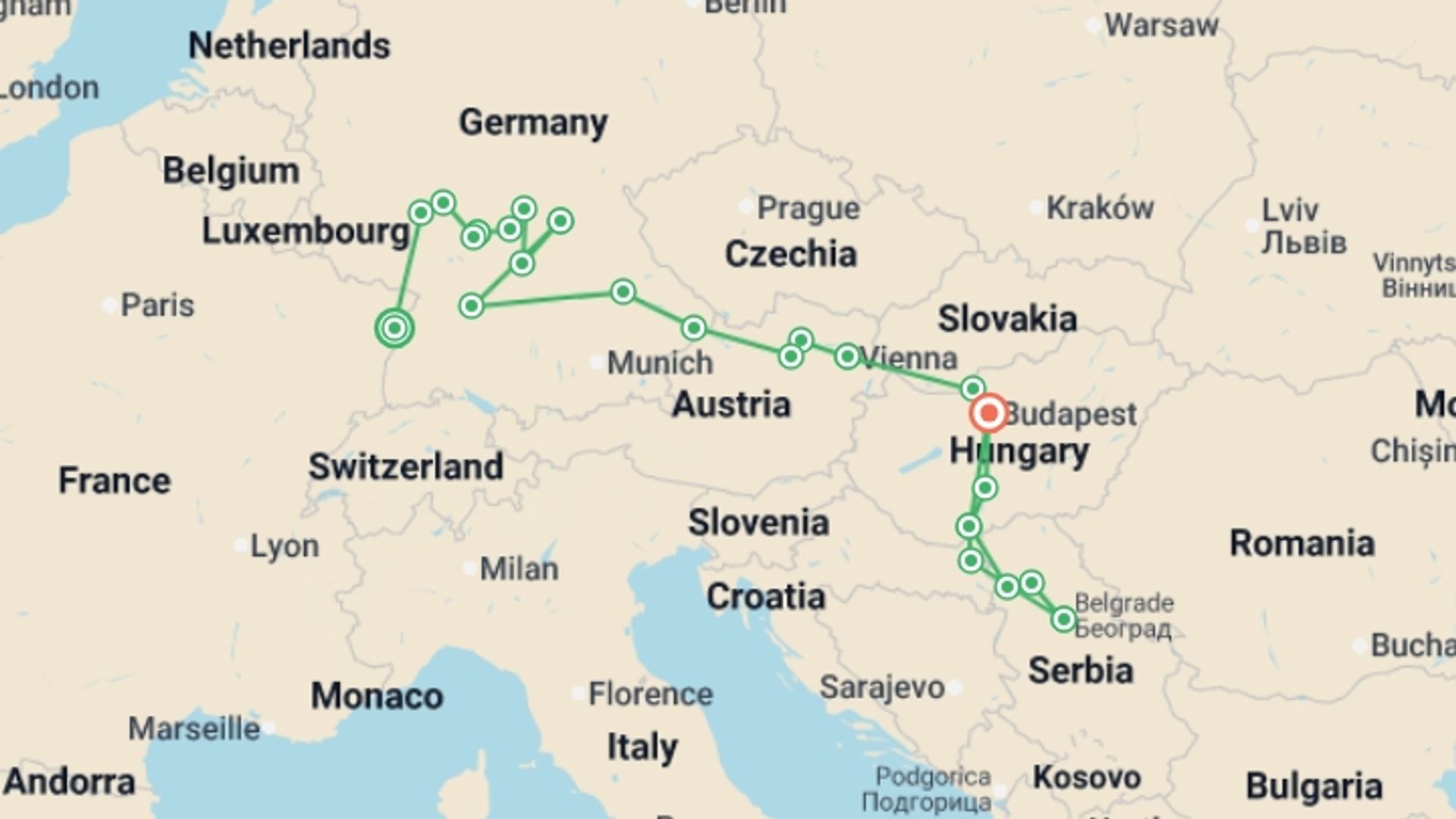 A map showing the tour itinerary for the trip: Trans-European cruise from Strasbourg to Budapest (port-to-port cruise), starting in Strasbourg, France and ending in Budapest, Hungary going through 12 other destinations.