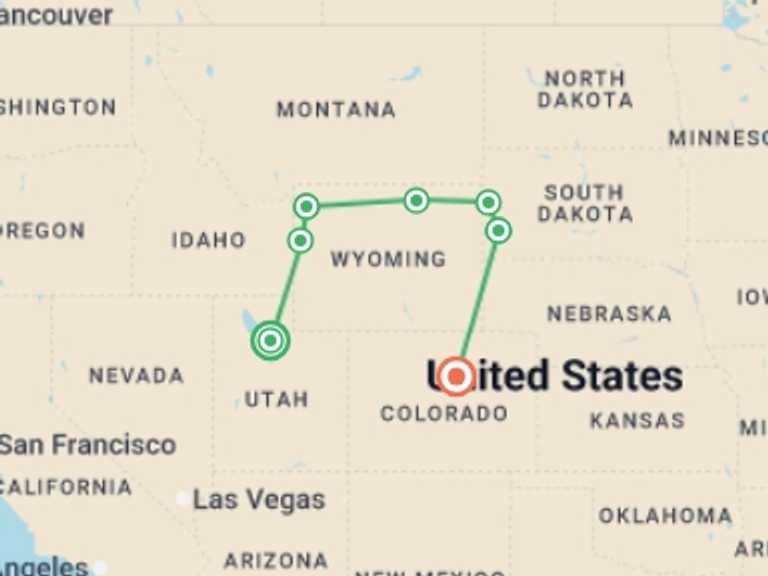 Map of North America Tour with 7 destination visits for the trip: American Parks Trail