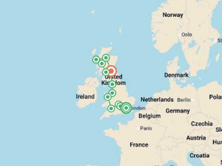Map of Europe Tour with 12 destination visits for the trip: Best of England, Wales and Scotland