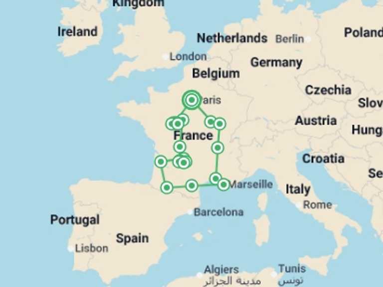 Map itinerary of France Tour in May 2026 with 9 destination visits for the trip: Magnificent France