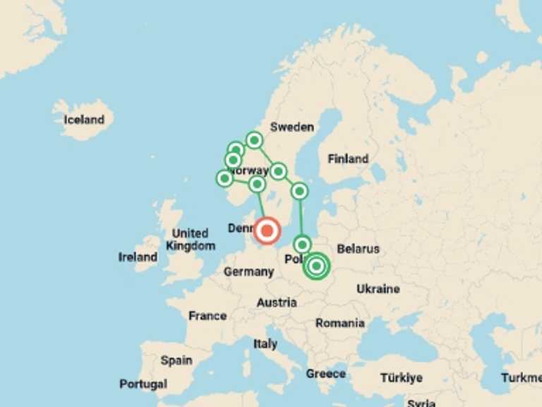 Map itinerary of Europe Tour in June 2026 with 11 destination visits for the trip: Fabulous Poland and Fjords End Copenhagen
