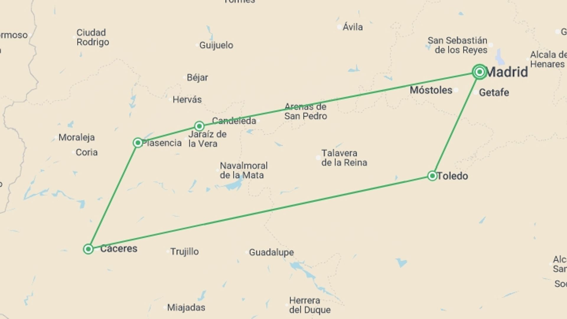 A map showing the tour itinerary for the trip: Classical Extremadura, Self-drive, starting in Madrid, Spain and ending in Madrid, Spain going through 3 other destinations.