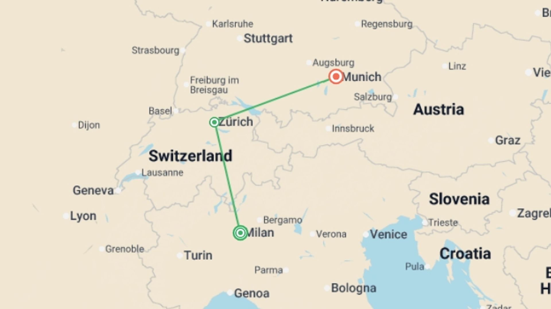 A map showing the tour itinerary for the trip: The Great Alpine Crossing By Rail, starting in Milan, Italy and ending in Munich, Germany going through 1 other destinations.