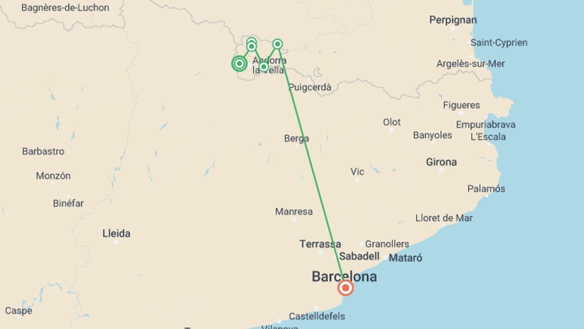 A map showing the tour itinerary for the trip: Walking the Rugged Pyrenees of Andorra, starting in Encamp, Andorra and ending in Barcelona, Spain going through 5 other destinations.