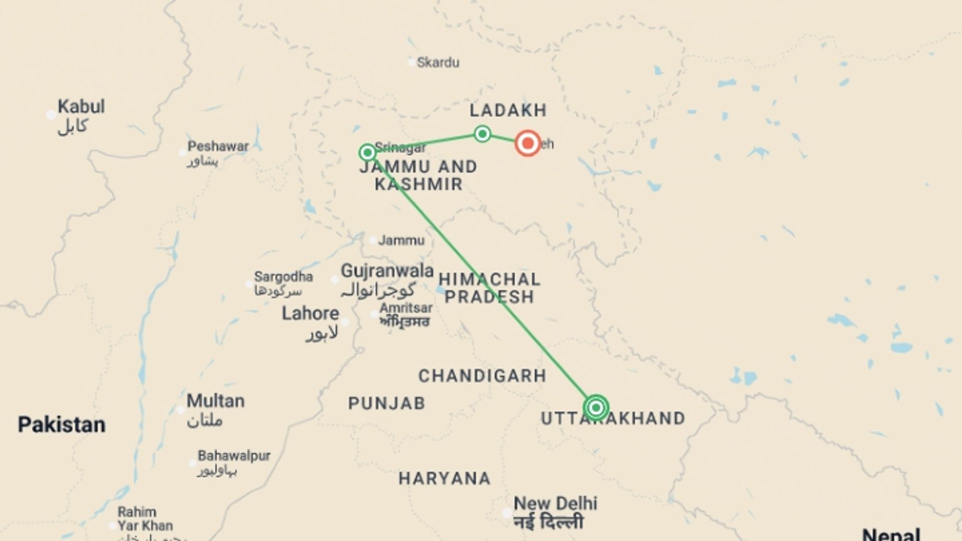 A map showing the tour itinerary for the trip: Kashmir to Ladakh: Houseboats & Himalayan Roads, starting in Delhi & Golden Triangle, India and ending in Delhi & Golden Triangle, India going through 4 other destinations.