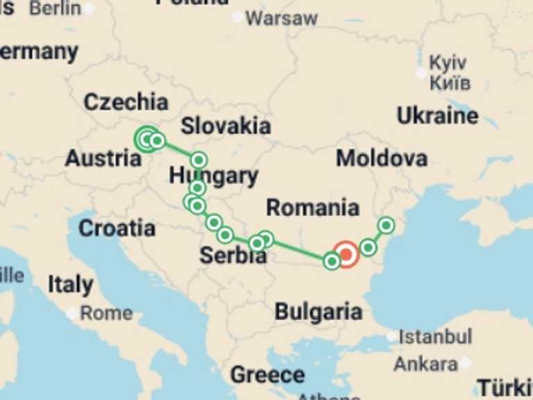 Map itinerary of Vienna Tour in June 2026 with 12 destination visits for the trip: From the Blue Danube to the Black Sea (port-to-port cruise)