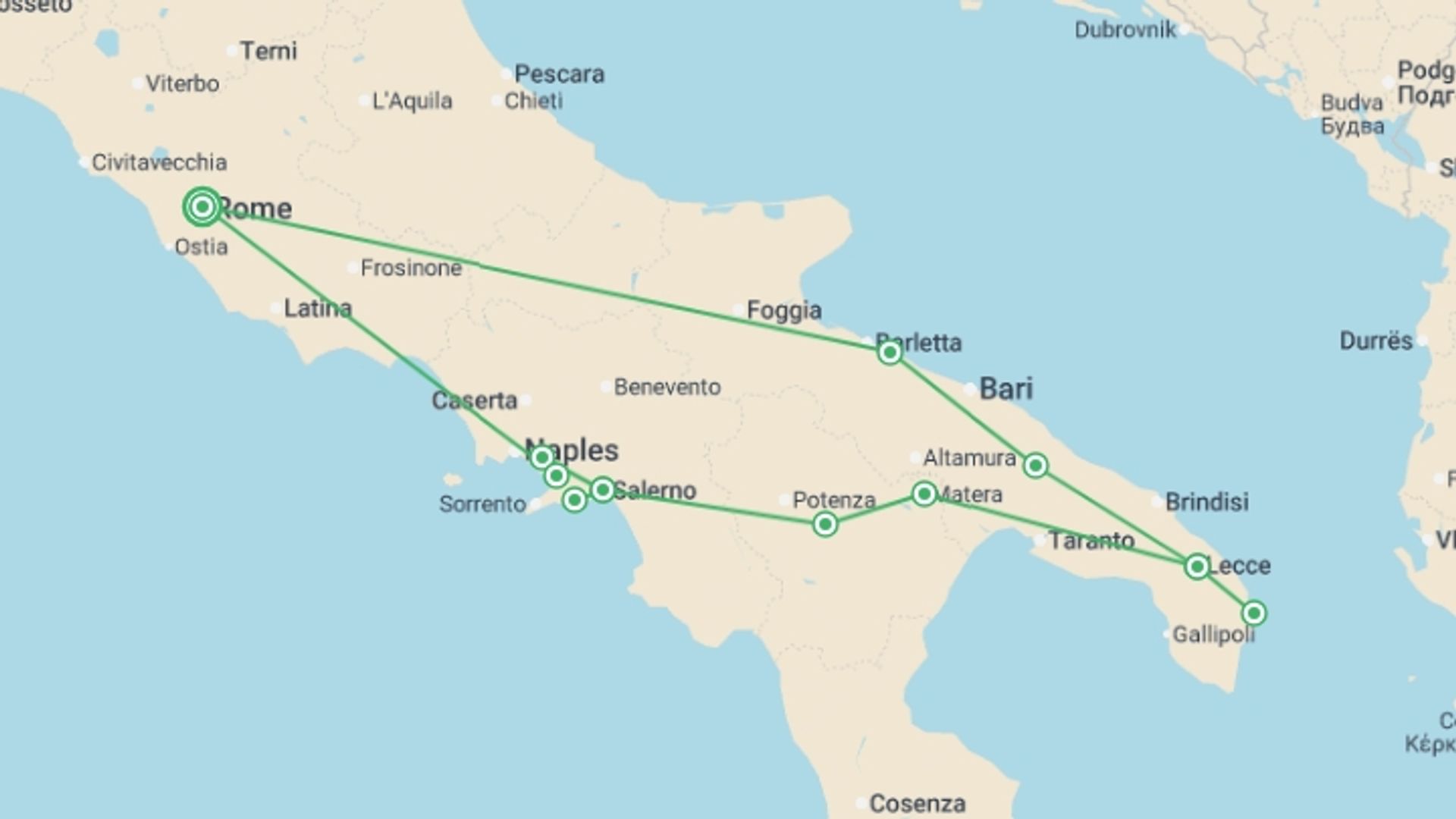 A map showing the tour itinerary for the trip: Puglia, Pompeii & Amalfi - 6 days, starting in Rome, Italy and ending in Rome, Italy going through 3 other destinations.