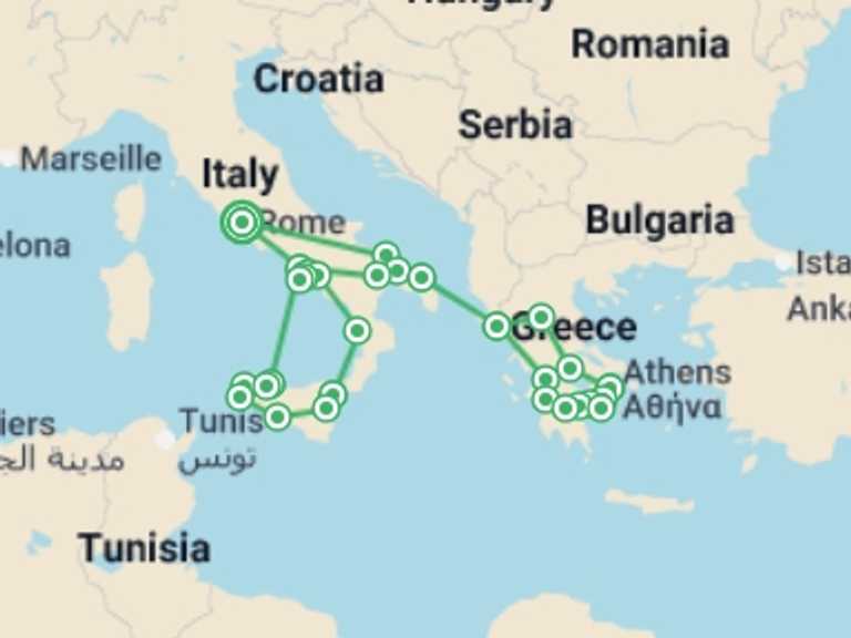 Map of Naples City sightseeing Tour with 13 destination visits for the trip: Rome, Complete Greece and Sicily
