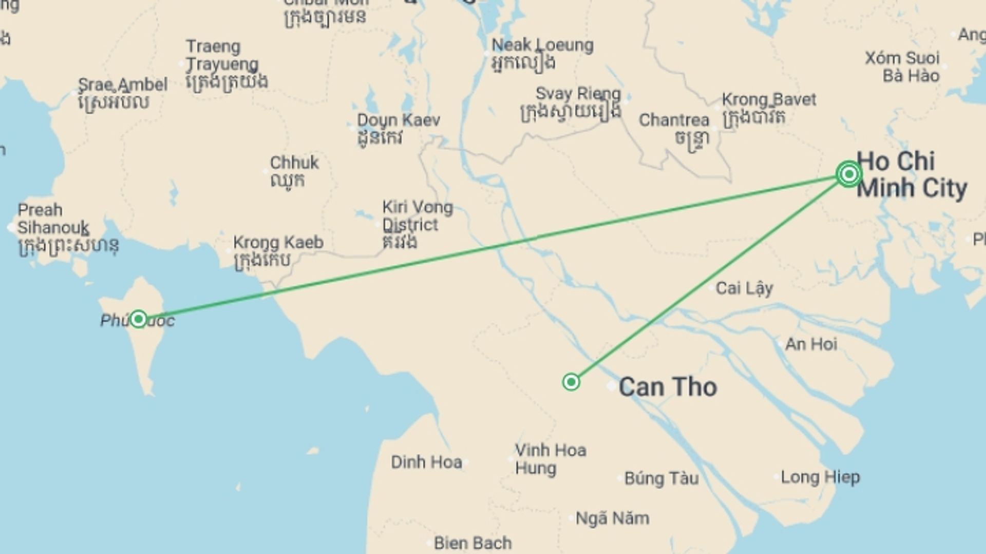 A map showing the tour itinerary for the trip: Saigon, Mekong & Phu Quoc Beach Break (Superior) - 9 days, starting in Ho Chi Minh City, Vietnam and ending in Ho Chi Minh City, Vietnam going through 1 other destinations.