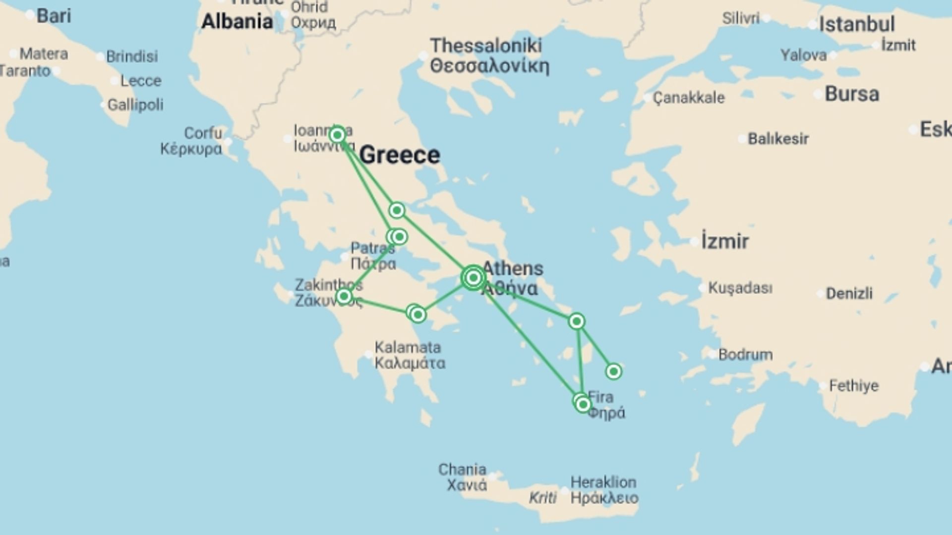 A map showing the tour itinerary for the trip: Exploring Greece and Its Islands featuring Classical Greece, Mykonos & Santorini, starting in Athens, Greece and ending in Athens, Greece going through 8 other destinations.