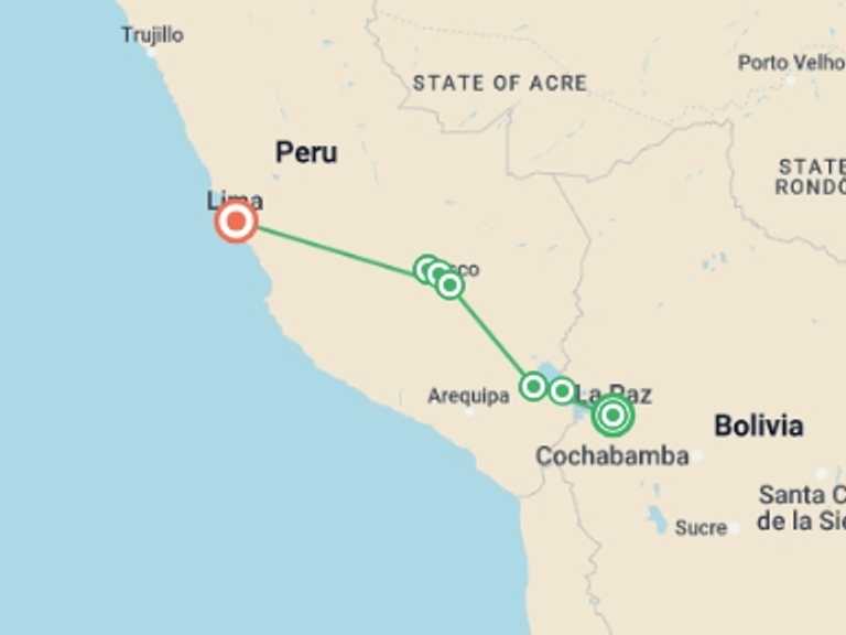 Map itinerary of Lima Tour in July 2027 with 8 destination visits for the trip: Inca Empire