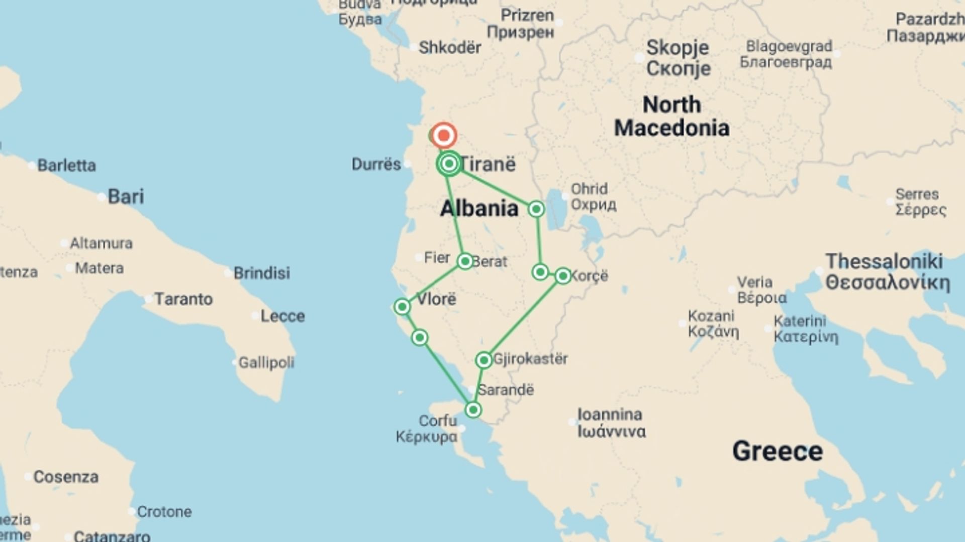 A map showing the tour itinerary for the trip: Highlights of Albania, starting in Tirana, Albania and ending in Kruje, Albania going through 8 other destinations.