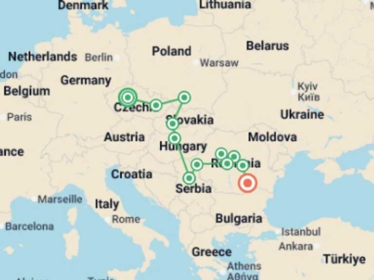 Map itinerary of Krakow Tour in September 2026 with 12 destination visits for the trip: Premium Prague to Bucharest