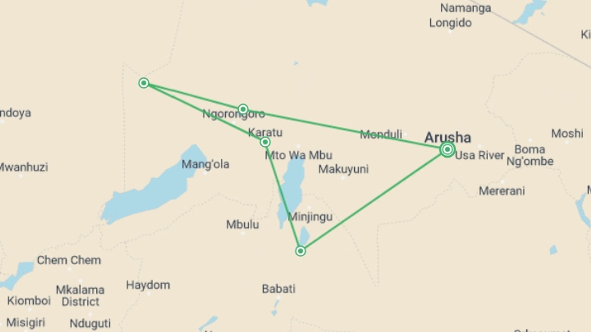 A map showing the tour itinerary for the trip: 3 Days - Tanzania Ndutu Safari: Three Days, starting in Arusha, Tanzania and ending in Arusha, Tanzania going through 2 other destinations.