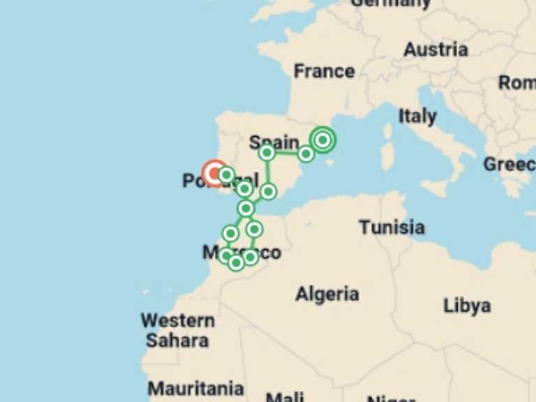 Map of Marrakech Walking Tour with 13 destination visits for the trip: Barcelona, Madrid, Mysterious Morocco and Lisbon
