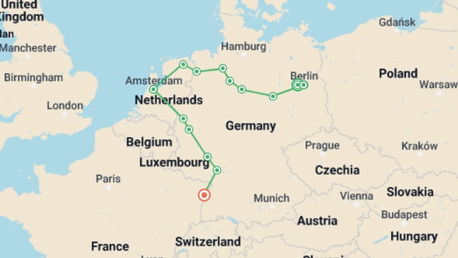 A map showing the tour itinerary for the trip: From Berlin to Strasbourg (port-to-port cruise), starting in Spandau, Germany and ending in Strasbourg, France going through 13 other destinations.