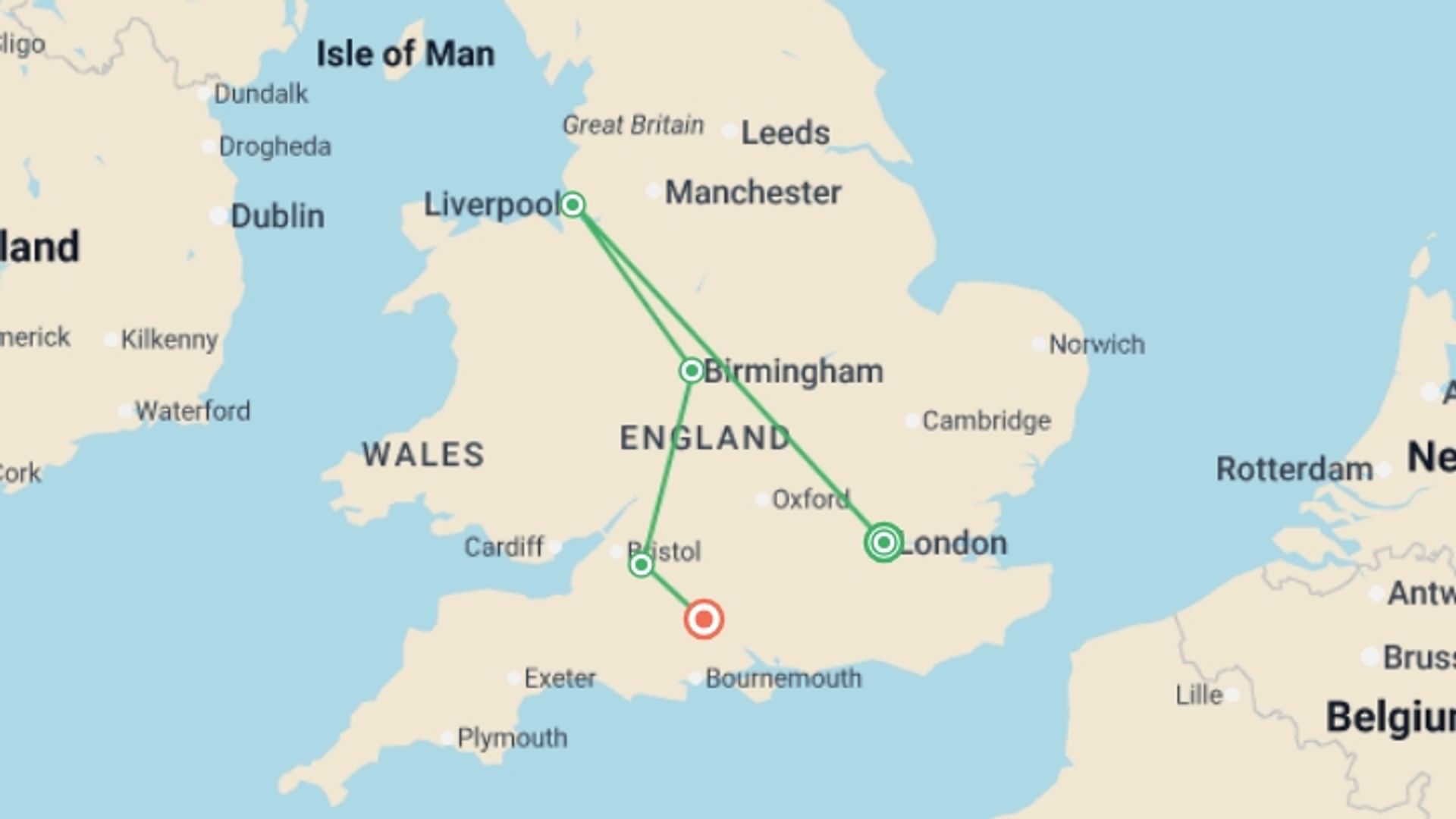A map showing the tour itinerary for the trip: Journey Through Historic England's Heart - 4 days, starting in London, England and ending in Salisbury, USA going through 3 other destinations.