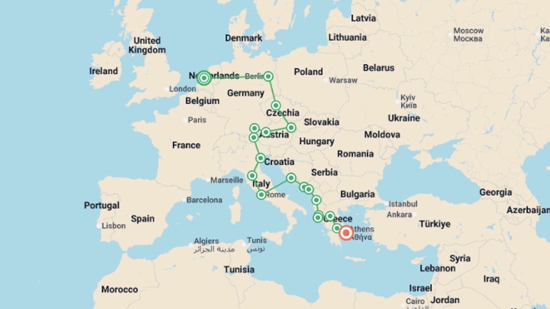 A map showing the tour itinerary for the trip: Ultimate Europe: Berlin, Tuscany & Greek Temples, starting in Amsterdam, Holland and ending in Athens, Greece going through 17 other destinations.