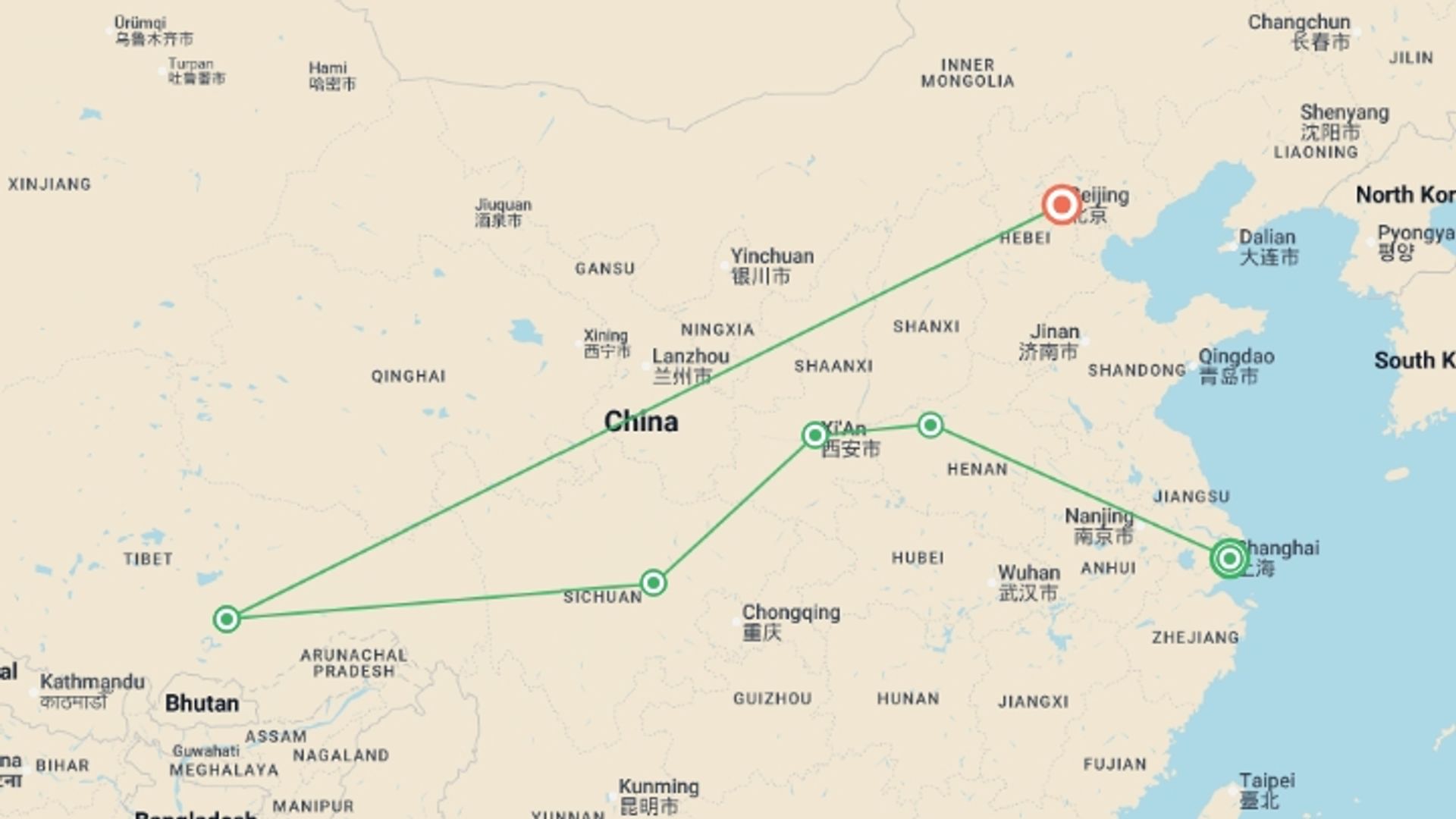 A map showing the tour itinerary for the trip: Discover China and Lhasa, starting in Shanghai, China and ending in Beijing, China going through 4 other destinations.