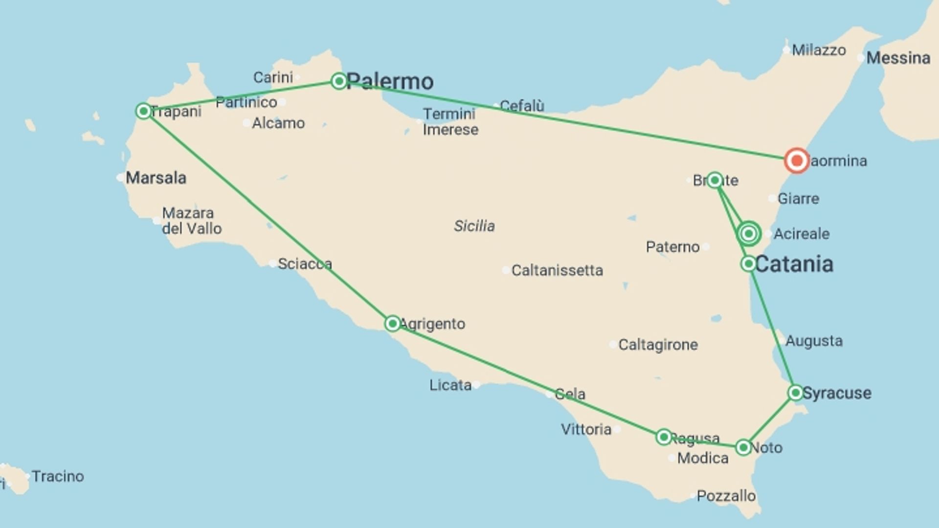 A map showing the tour itinerary for the trip: Highlights of Sicily, starting in Viagrande, Italy and ending in Taormina, Italy going through 6 other destinations.