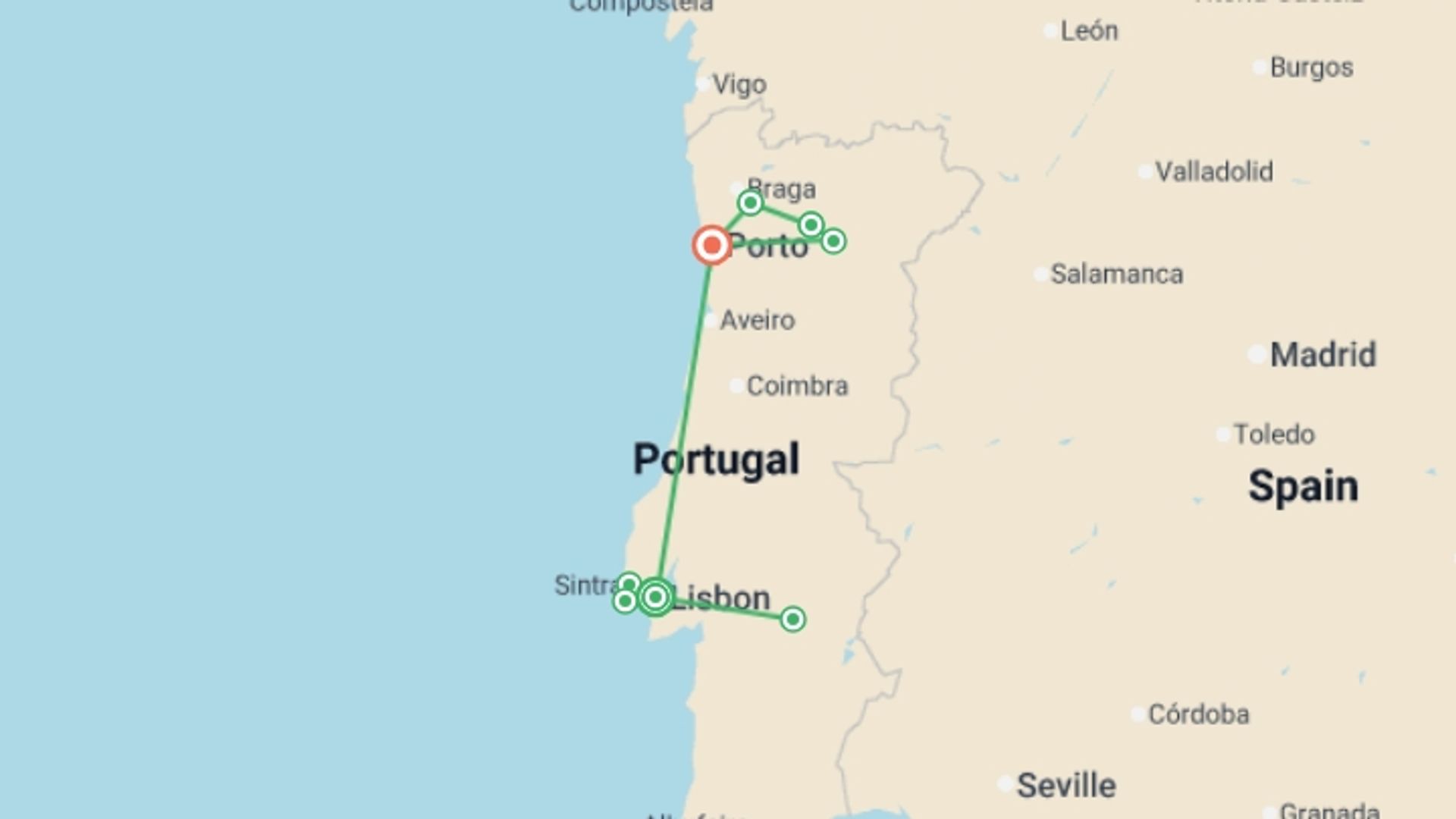 A map showing the tour itinerary for the trip: Essence of Portugal - 11 days, starting in Lisbon, Portugal and ending in Porto, Portugal going through 2 other destinations.