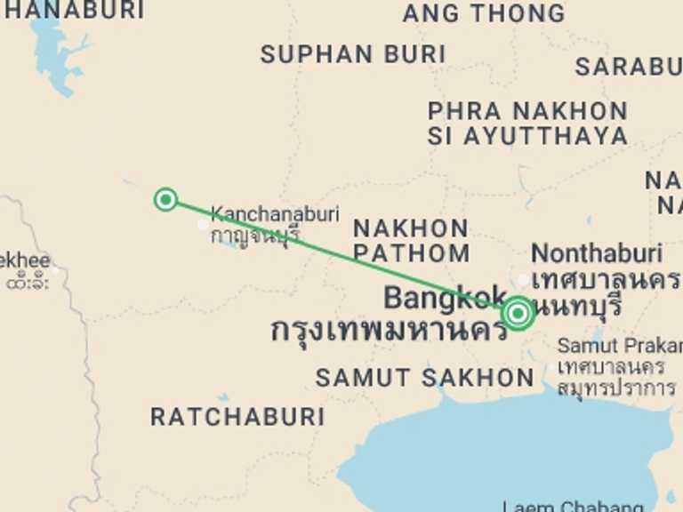 Map itinerary of Asia Tour in September 2026 with 2 destination visits for the trip: Bangkok Independent Short Break: River Kwai & Ayutthaya
