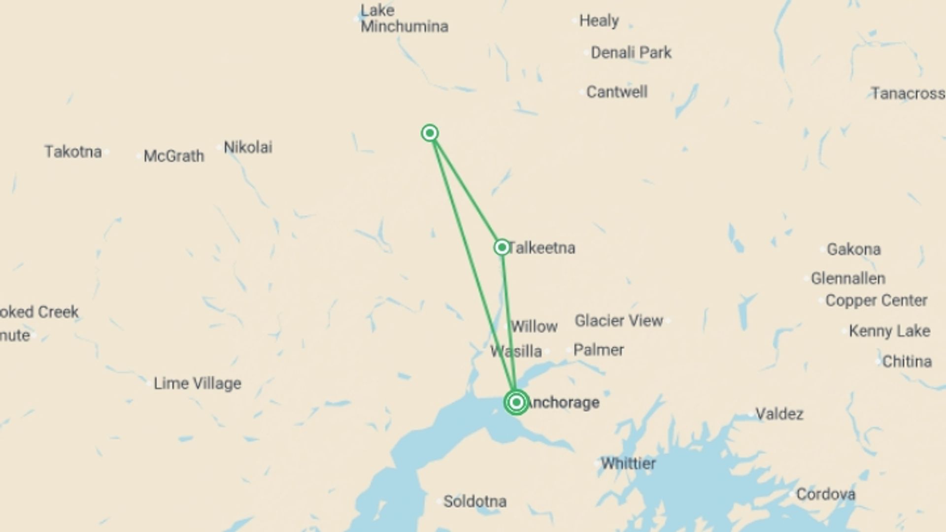 A map showing the tour itinerary for the trip: Alaska Discovery, starting in Anchorage, USA and ending in Anchorage, USA going through 2 other destinations.