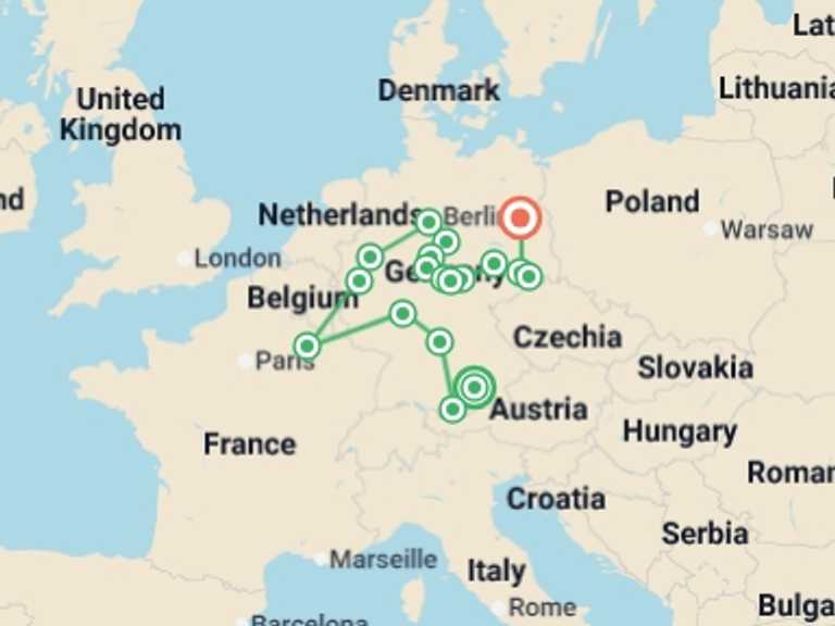 Map itinerary of Europe Tour in June 2026 with 7 destination visits for the trip: From Bavaria to Berlin
